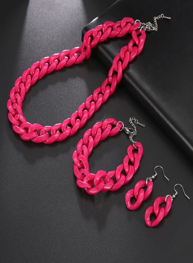 Soyzvteo 3Pcs/Set Acrylic Chunky Statement Necklace Paperclip Cuban Link Bracelet Hip Hop Dangling Earrings Punk Choker Paperclip Statement Jewelry Set for Women (Hot Pink) - Image 2